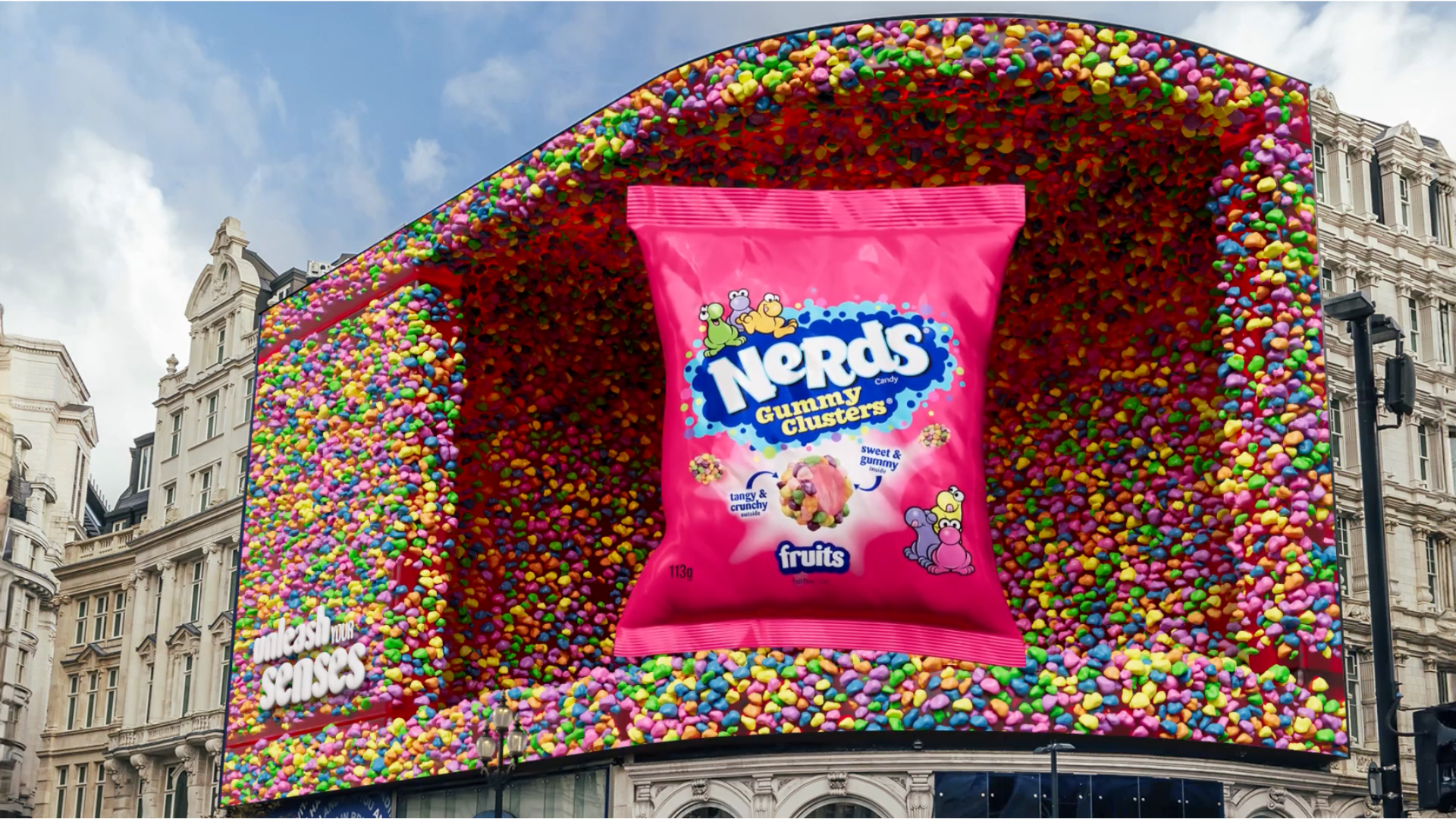 A 3D animation billboard advertising sweets